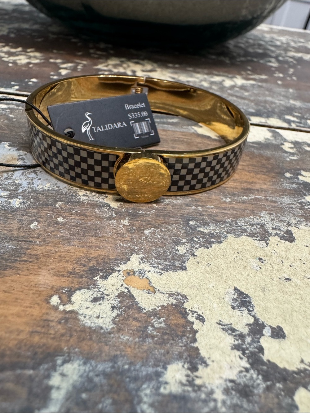 💅Talidara Gold-Tone Black and White Checkered Hinged Bangle Bracelet💅